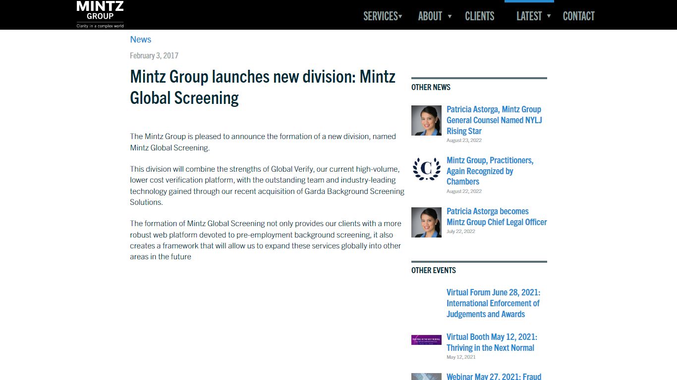 Mintz Group launches new division: Mintz Global Screening